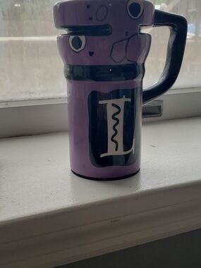 Lavender Ceramic Travel Mug with Playful Face and Black Accents Monogram L